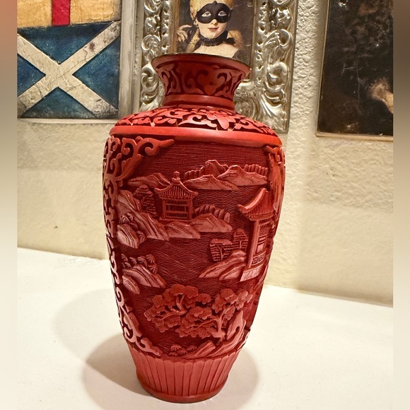 Other - Vintage Chinese Cinnabar Lacquer Vase Hand-Carved Landscape Scene, Blue Enamel